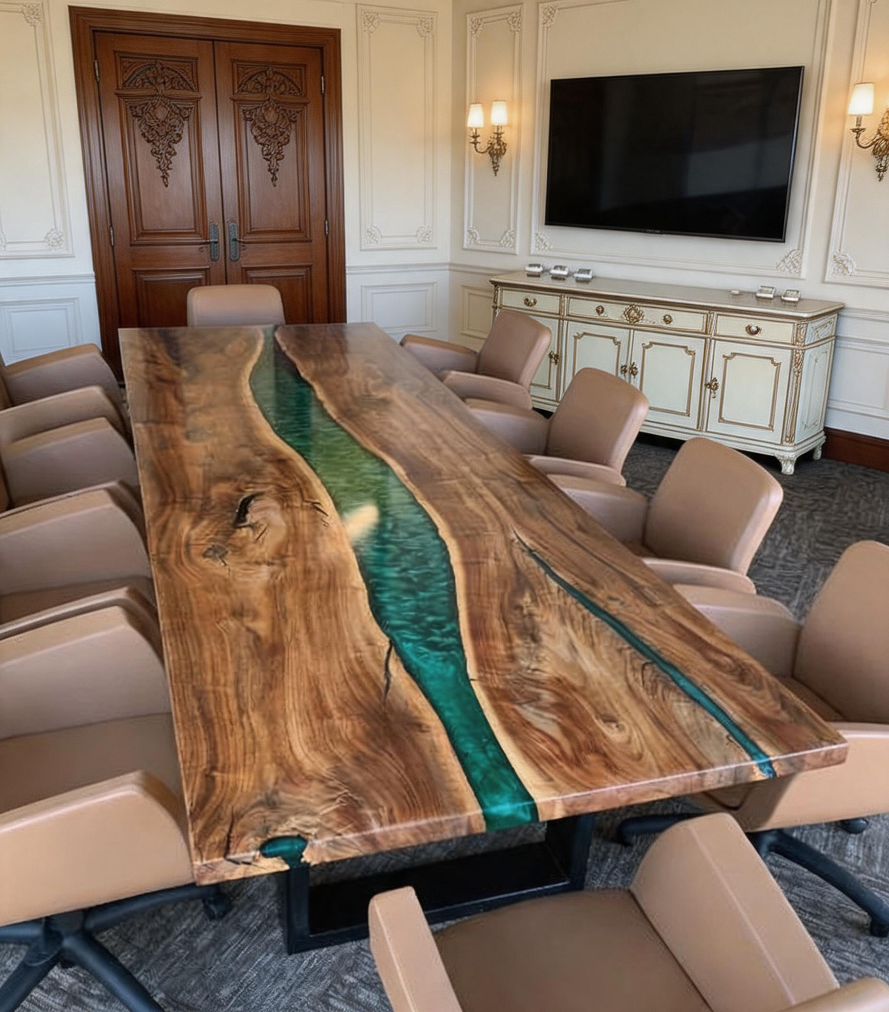 Black Walnut Live Edge Emerald Epoxy River Conference Table