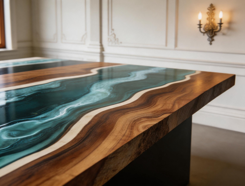 Black Walnut Live Edge Teal Blue Epoxy River Conference Table