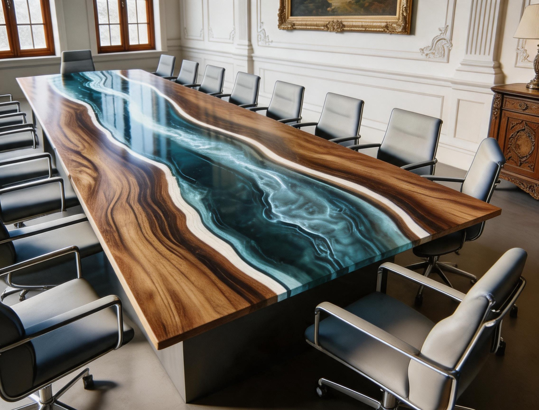 Black Walnut Live Edge Teal Blue Epoxy River Conference Table