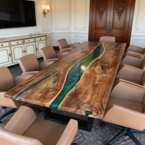 Black Walnut Live Edge Emerald Epoxy River Conference Table