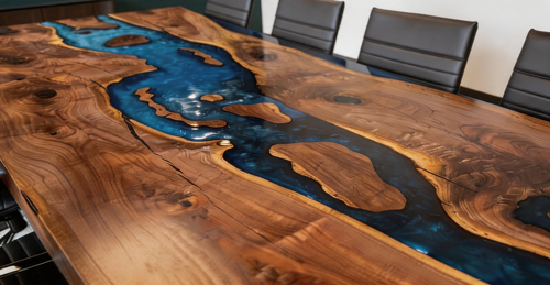 Black Walnut Live Edge Deep Blue Epoxy River Conference Table