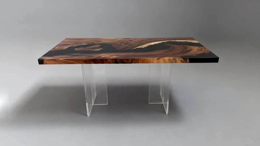 Resin tabletop placed onto acrylic wood table legs