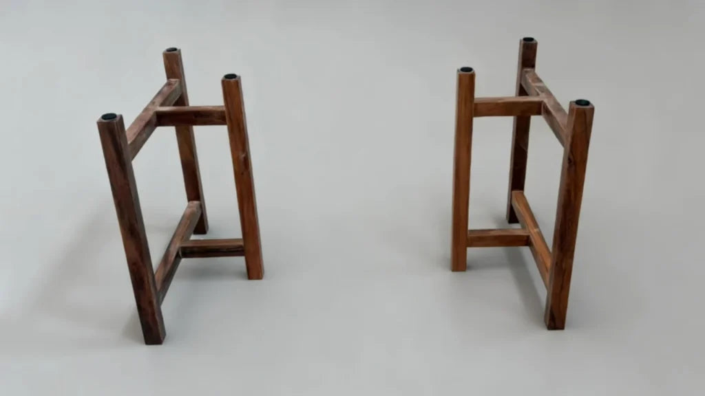 Solid wood table legs adjusted into the appropriate position