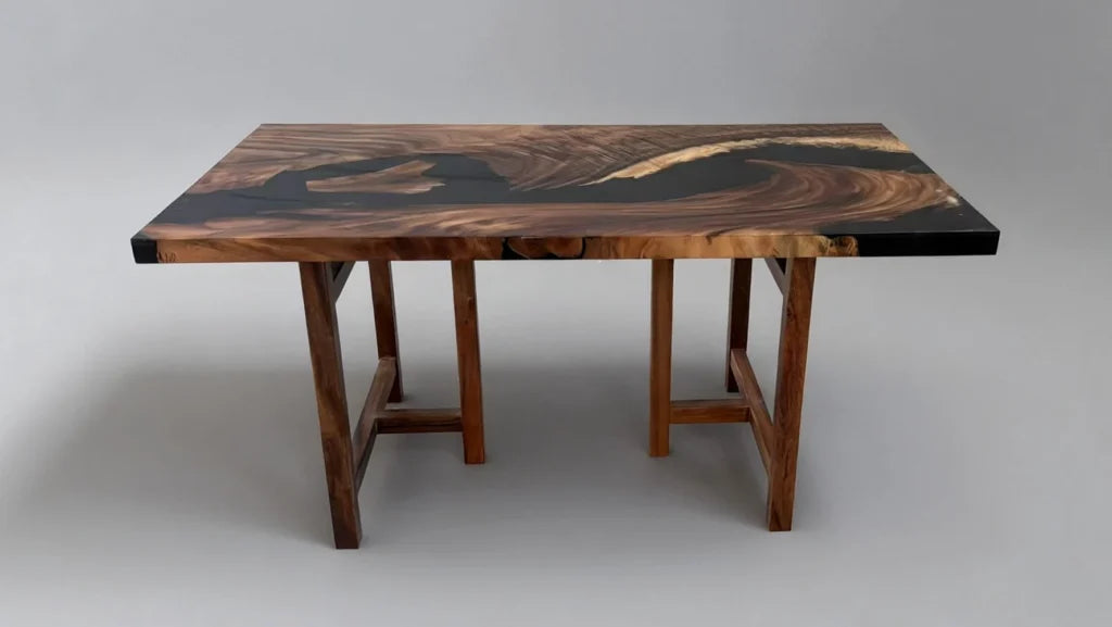 Resin tabletop placed onto solid wood table legs